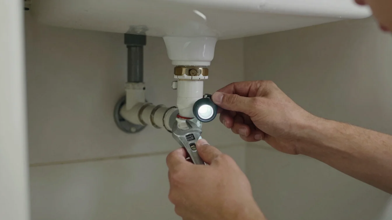 Plumber inspecting a pipe joint beneath a sink with a wrench and flashlight, natural daylight, neutral tones, close-up f