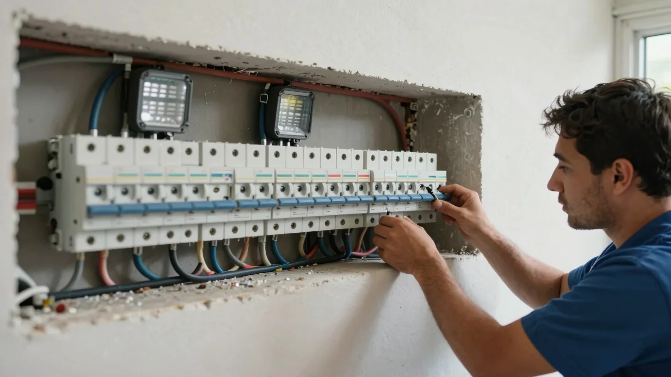 Electrician routing cable through a wall cavity beside a neat row of new breakers, even work lighting, wide framing show