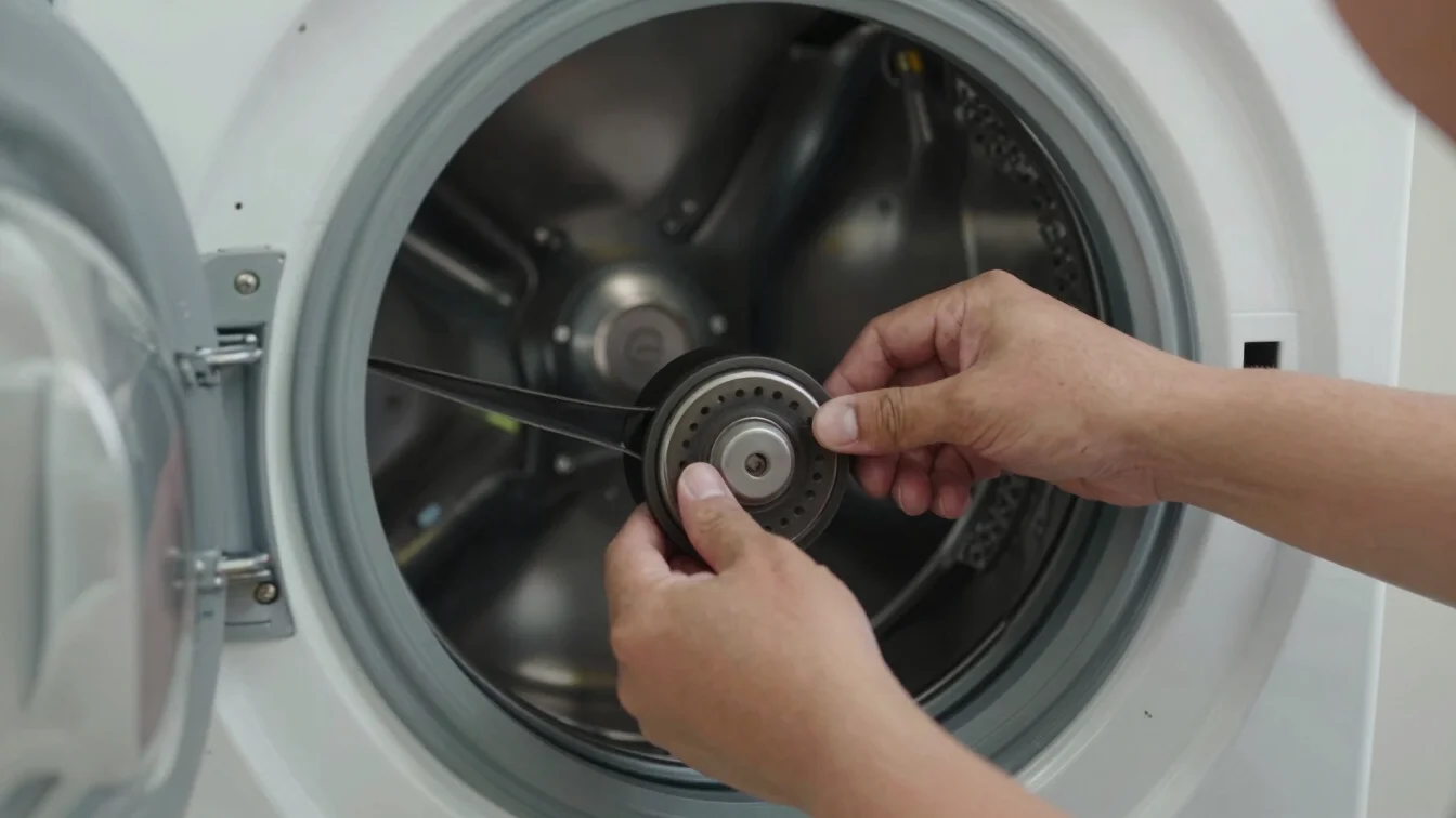 Close-up documentary photograph of a technician's hands fitting a drive belt onto a front-loading washing machine motor