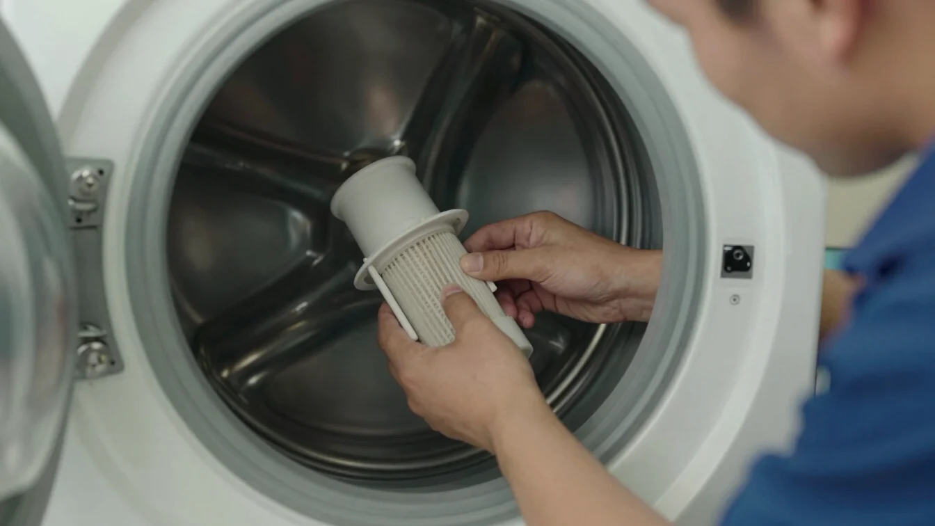 Documentary photograph of a technician inspecting a washing machine drain pump filter, clean natural daylight, honest ne