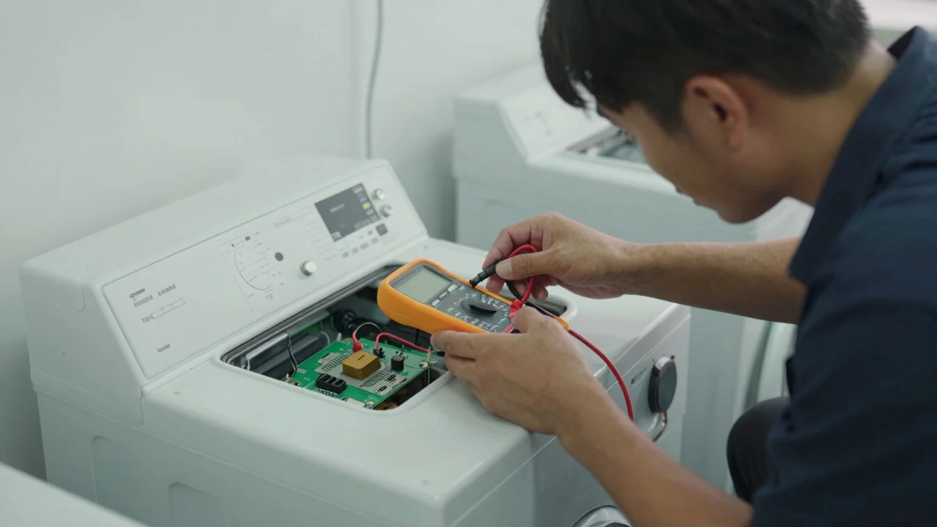 Documentary photograph of a technician testing a washing machine control board with a multimeter, even realistic work li