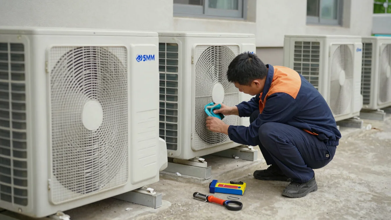 Technician cleaning an outdoor air-conditioning condenser unit with tools laid out nearby, clean natural daylight, docum