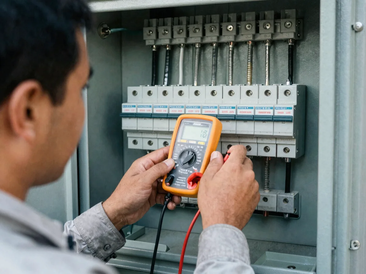 Electrician inspecting a distribution panel with a multimeter in clean natural daylight, close-up of hands and breakers,