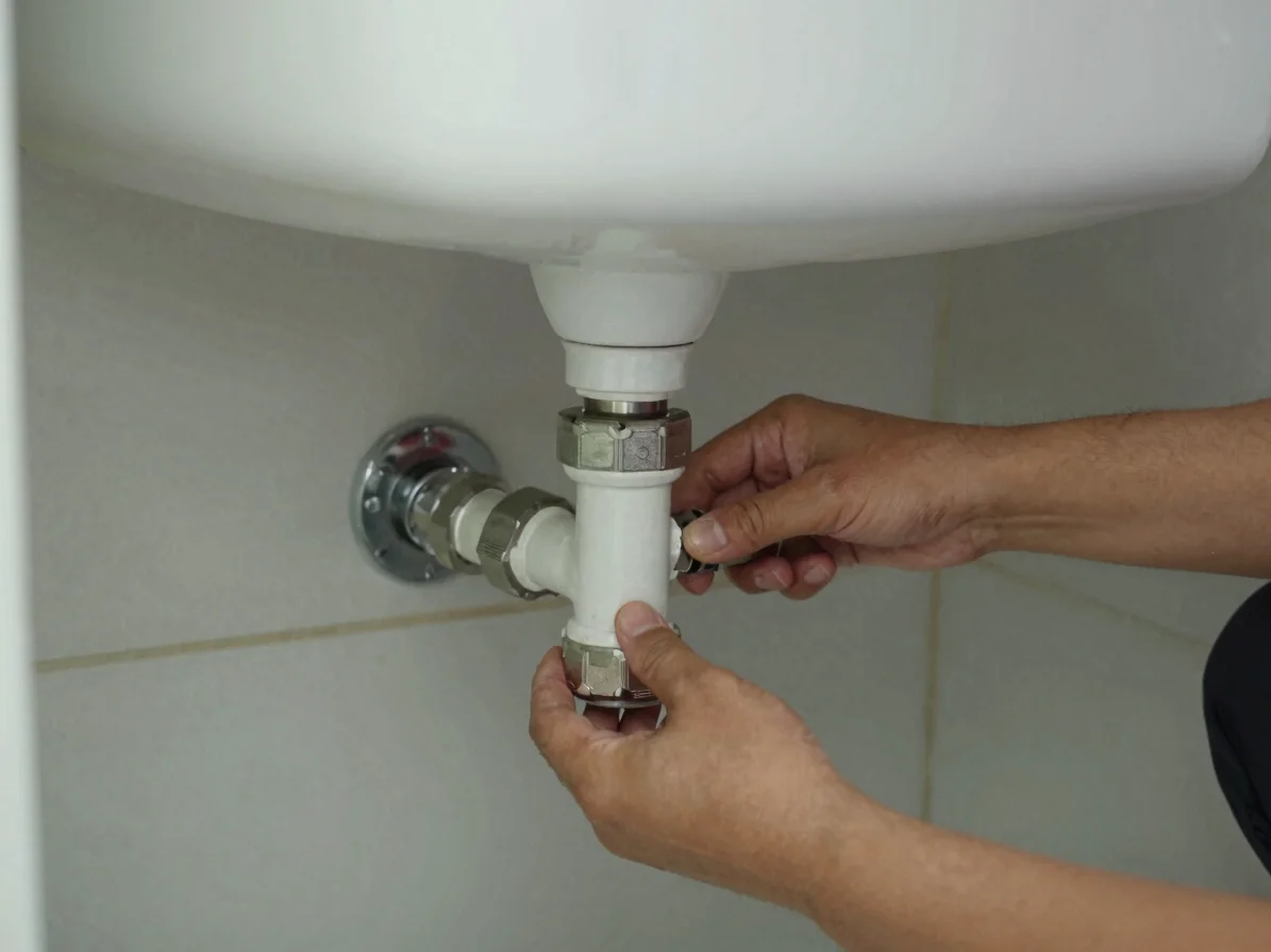 Plumber tightening a pipe fitting beneath a sink under even realistic work lighting, hands and tools in focus, documenta