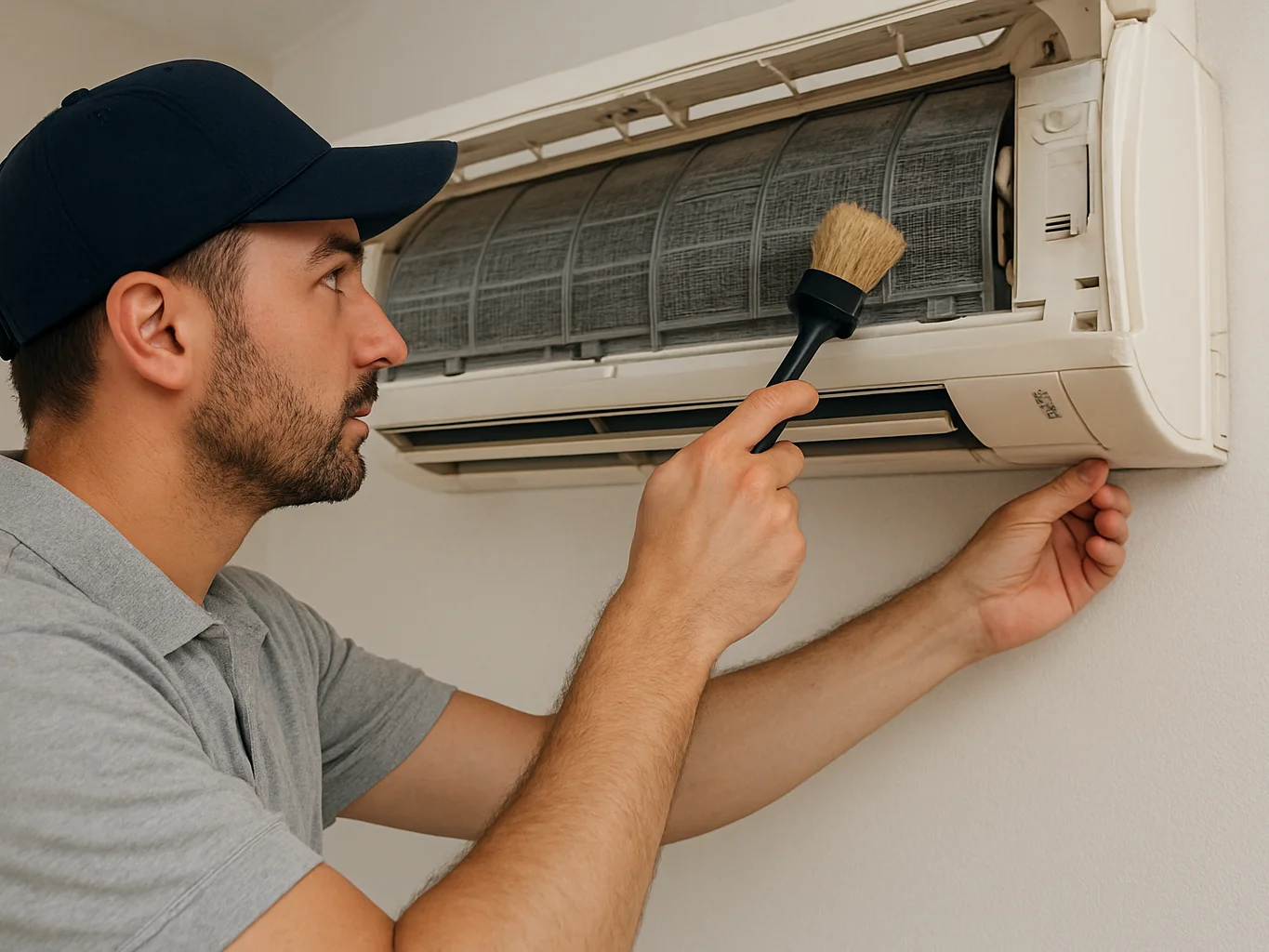 Air-conditioning technician cleaning an indoor split unit filter with a brush, clean natural daylight, honest neutral to