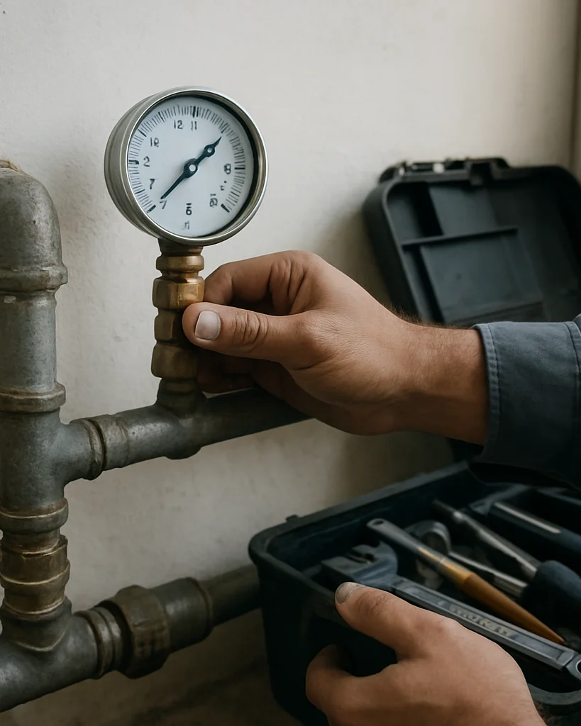 Close-up documentary photograph of a technician's hands checking a pressure gauge on a plumbing line beside a toolkit, c