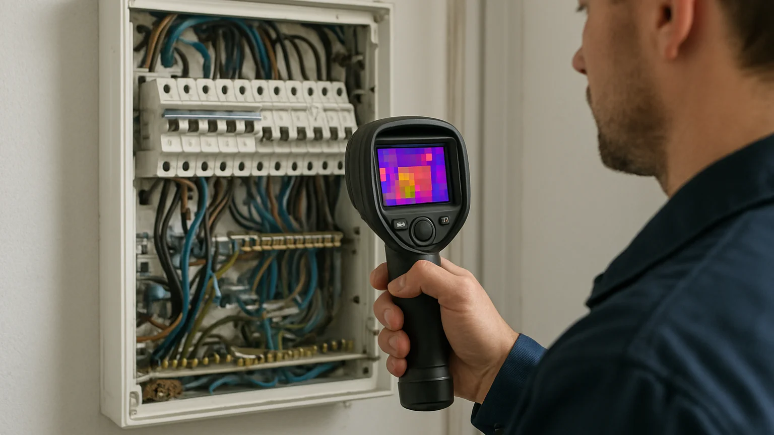 Electrician using a thermal imaging camera beside an open distribution board, clean natural daylight, documentary servic