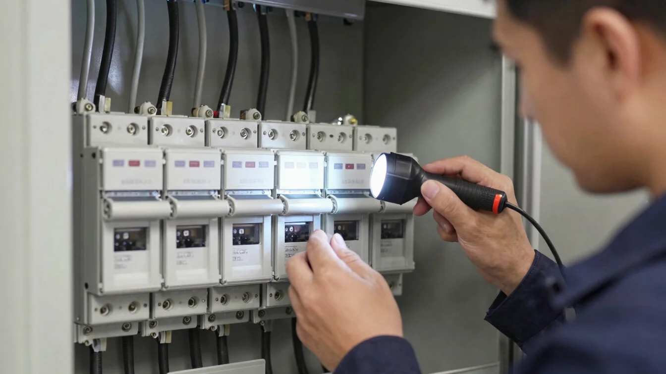 Technician inspecting breakers inside a electrical panel with a flashlight, neutral tones, documentary style, hands and