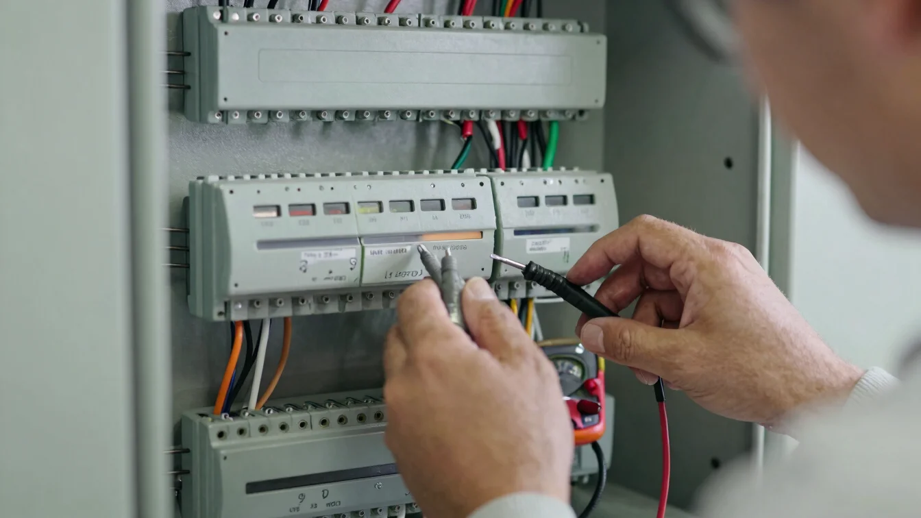 Close-up of a technician's hands testing wiring in an electrical panel with a multimeter, clean natural daylight, honest